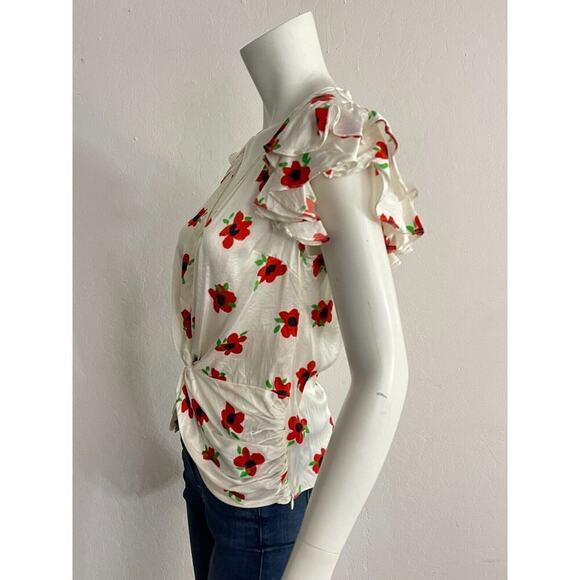 Caroline Constas M Silk Blouse White & Red Floral Rheya Flutter Sleeve Top $395 - Picture 6 of 9
